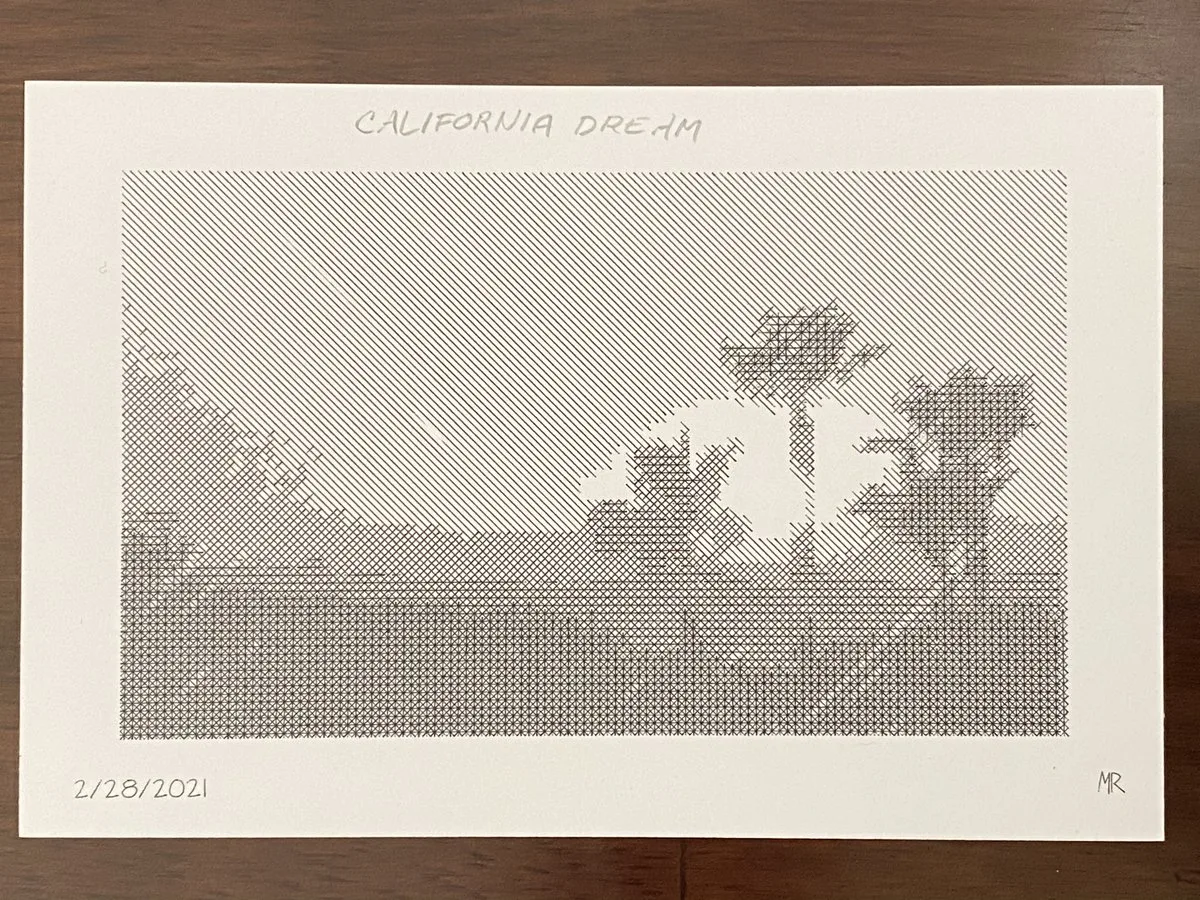 Plotter drawing of palm trees using crosshatch technique